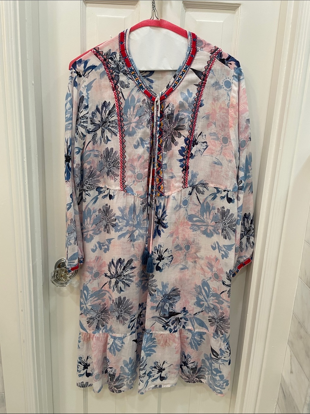 Johnny Was Pink and Blue Floral Embroidered Long Sleeve Dress Size M